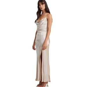 BEC + BRIDGE Moon Dance Midi dress in Sand Champagne Leg Slit US 10 AU 14
